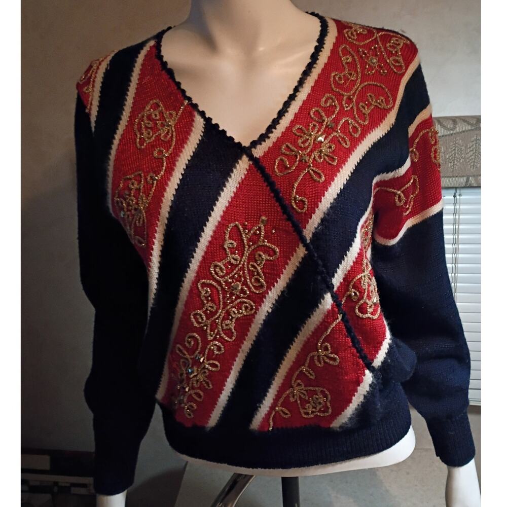 Vintage Petite Sophisticate Beaded Sweater Med Navy Red Metallic Holiday Retro